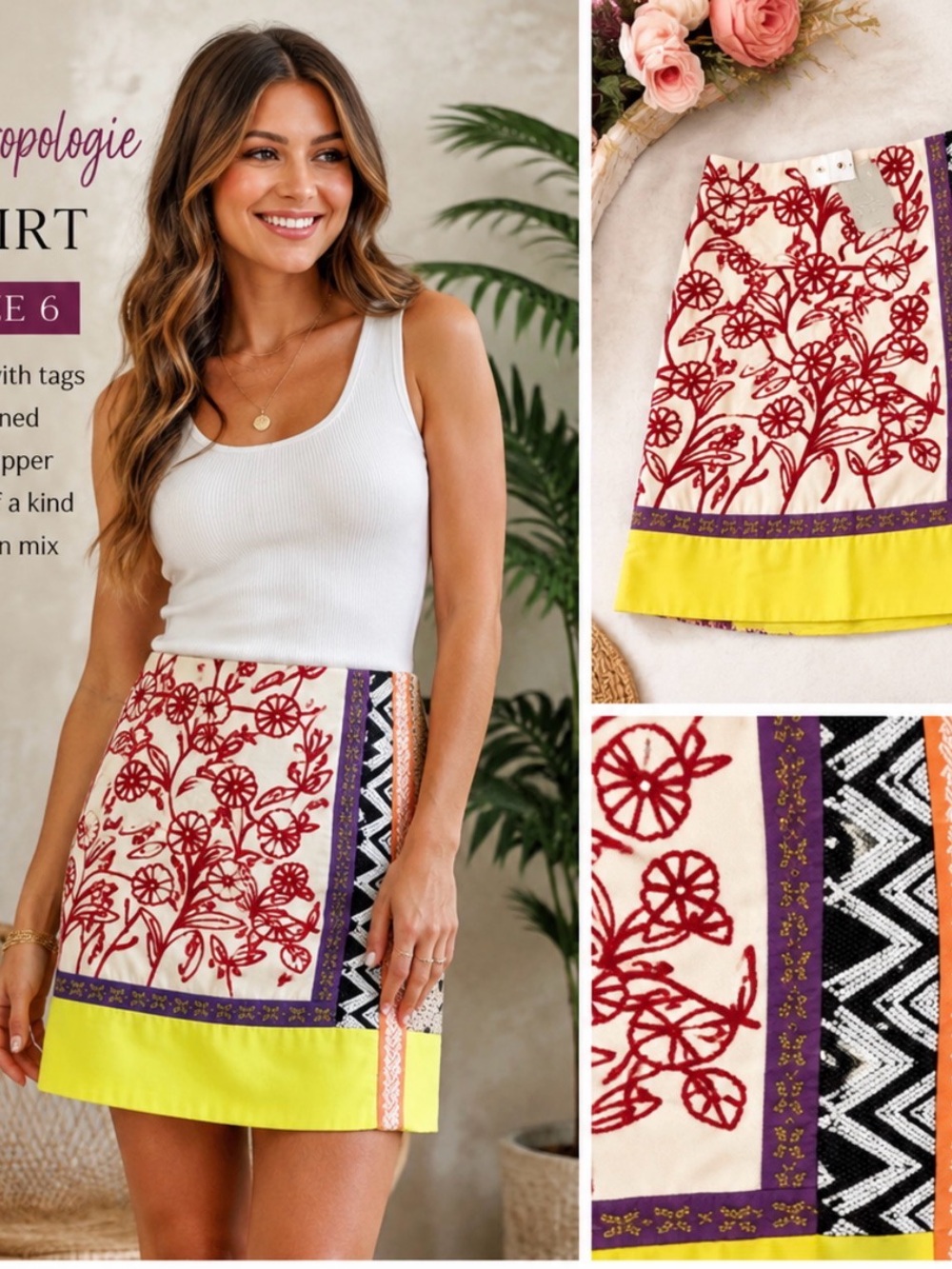 🌼 Anthropologie Leifnotes Mixed Print Embroidered Mini Skirt – Size 6 – NWT 🌼